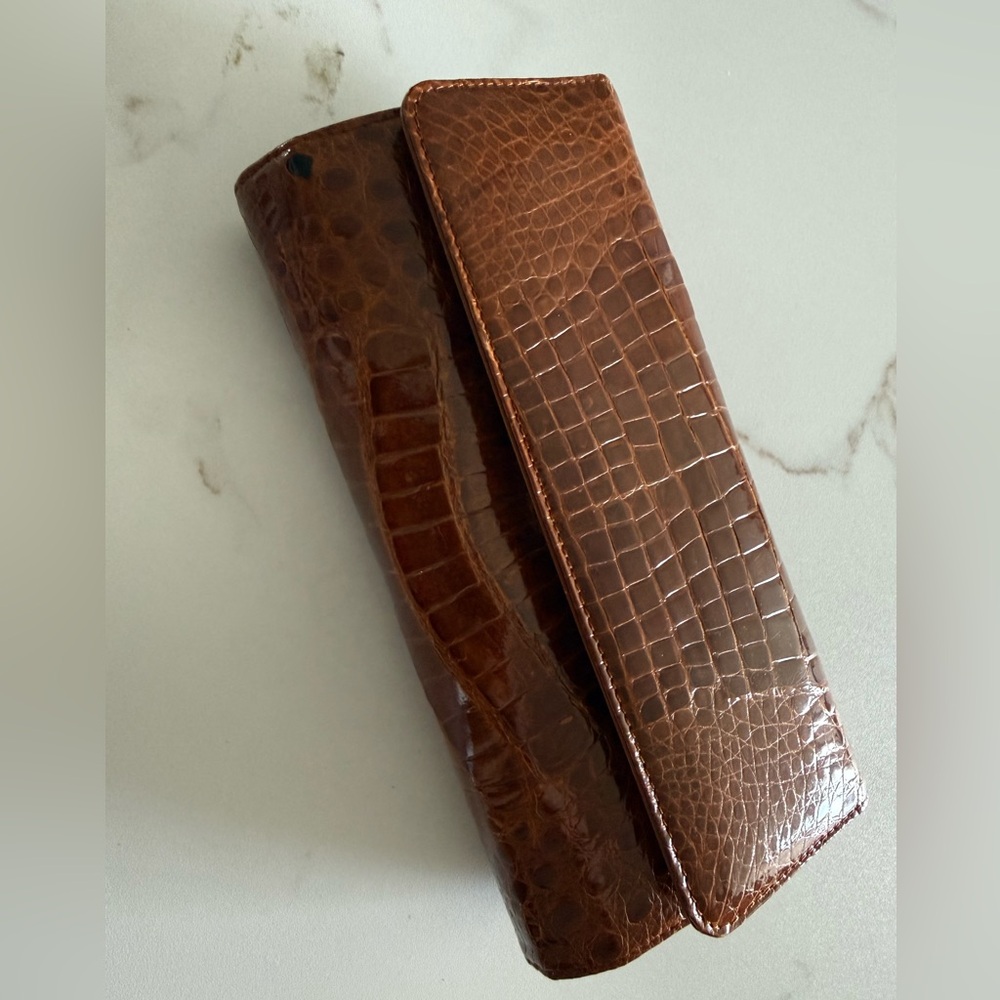 Vintage Brown Faux Croc Embossed Clutch Handbag Convertible Shoulder Bag